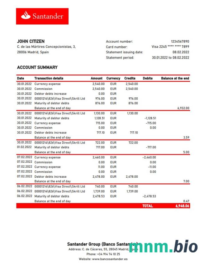 Szablon wyciągu bankowego Hiszpania Santander w formacie Word i PDF, Wersja 2
